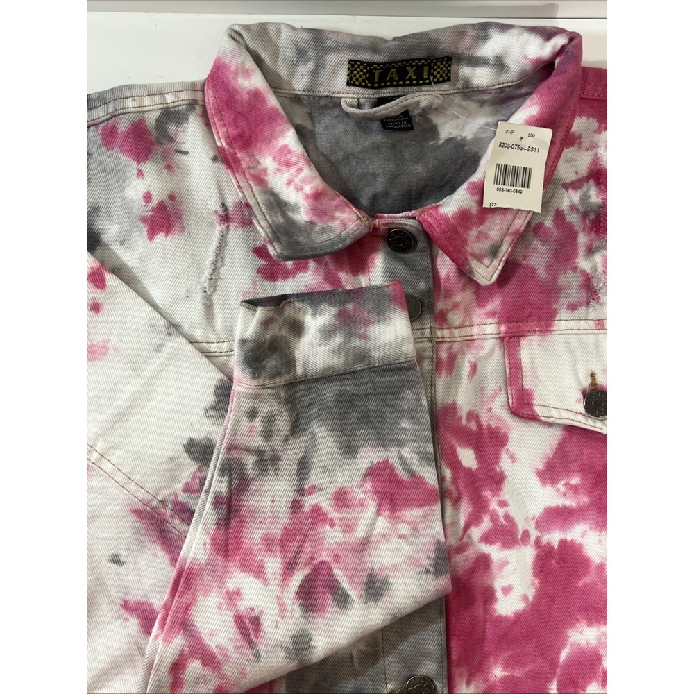 TAXI Cropped Jacket Pink Women's 2X Tie Dye Retro Denim Distressed Tassle Art